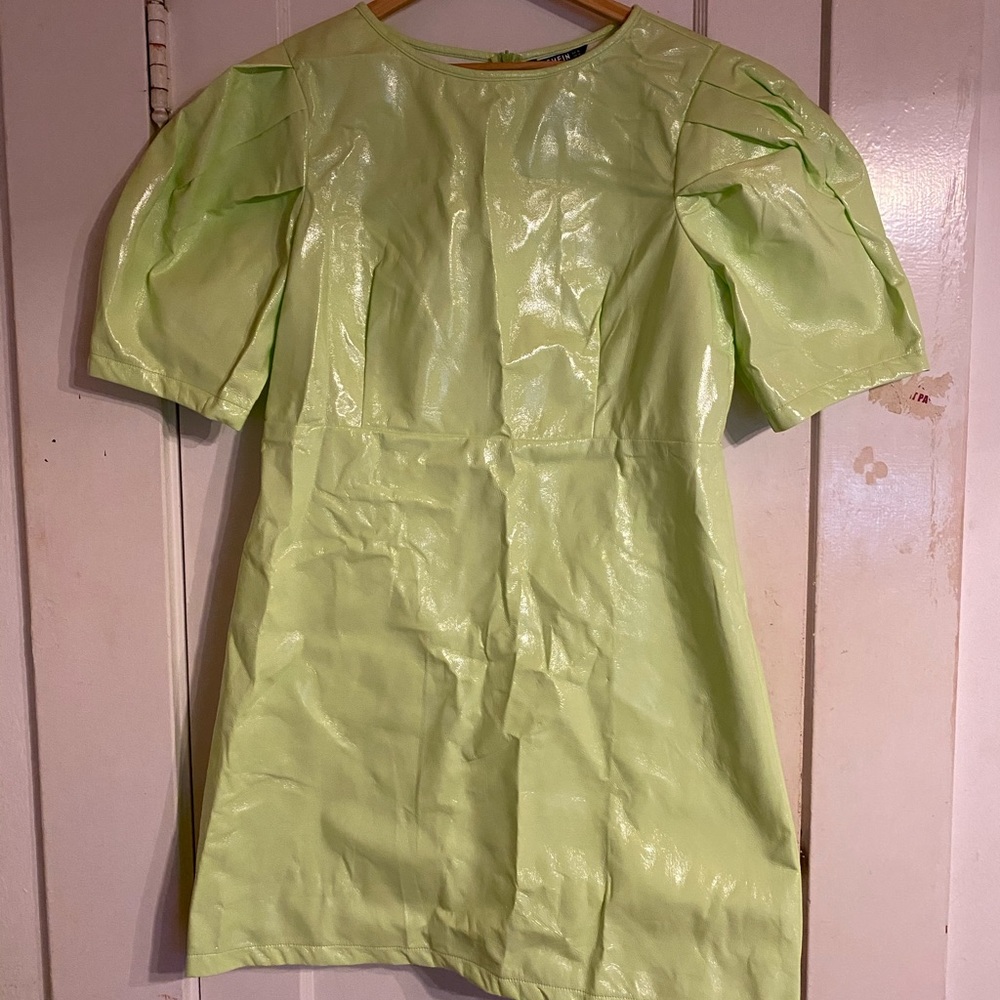 “pleather” neon green dress with puff sleeves